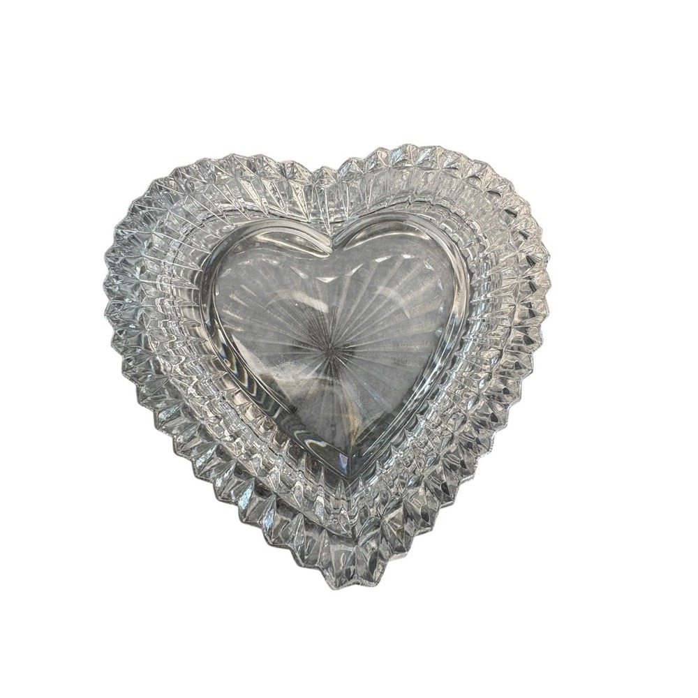 Vintage Heart Shaped Crystal Glass Trinket Box Jewelry Box w/ Lid